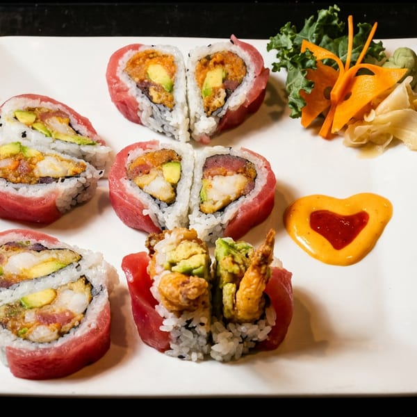 A white rectangular plate holds various sushi rolls, including heart-shaped ones, with garnishes and sauces.