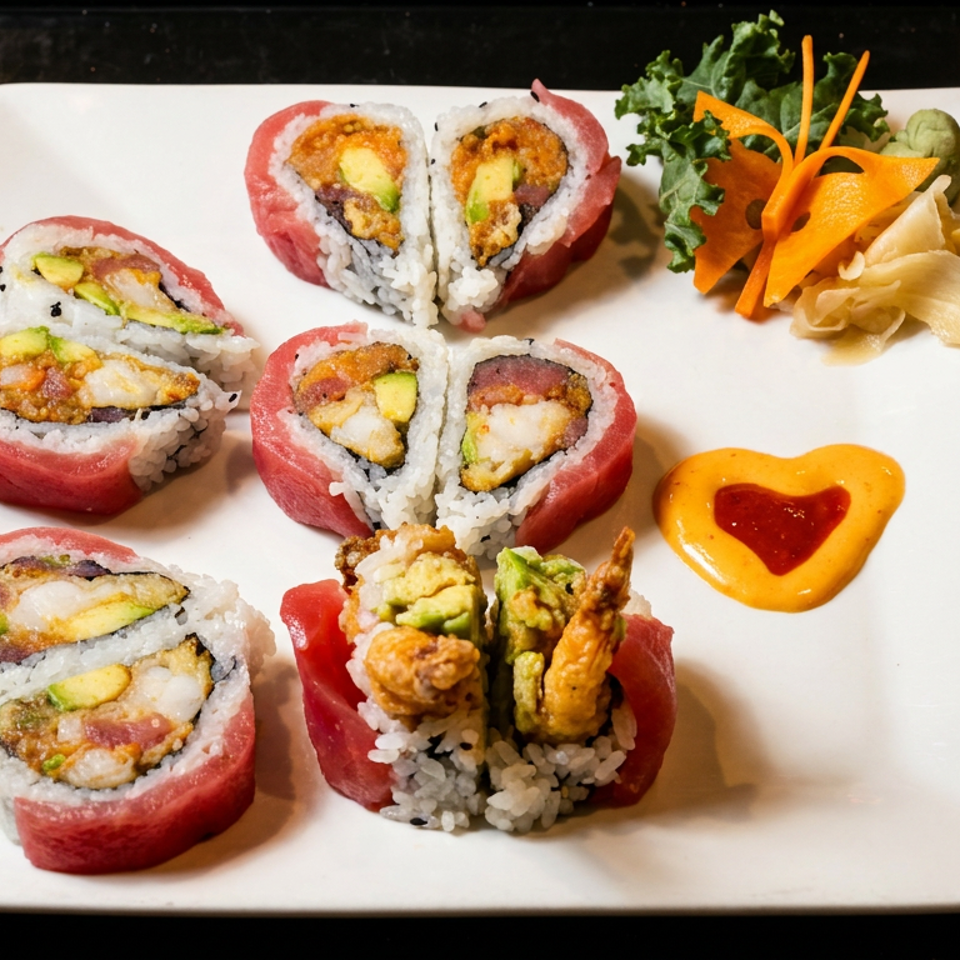 A white rectangular plate holds various sushi rolls, including heart-shaped ones, with garnishes and sauces.