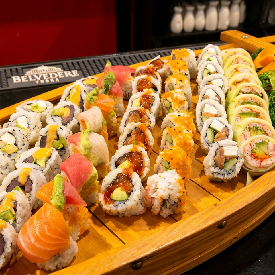 A large wooden boat filled with various colorful sushi rolls, seaweed salad, and ginger.