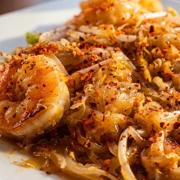 Close-up of shrimp pad thai with a lime wedge, garnished with red pepper flakes.